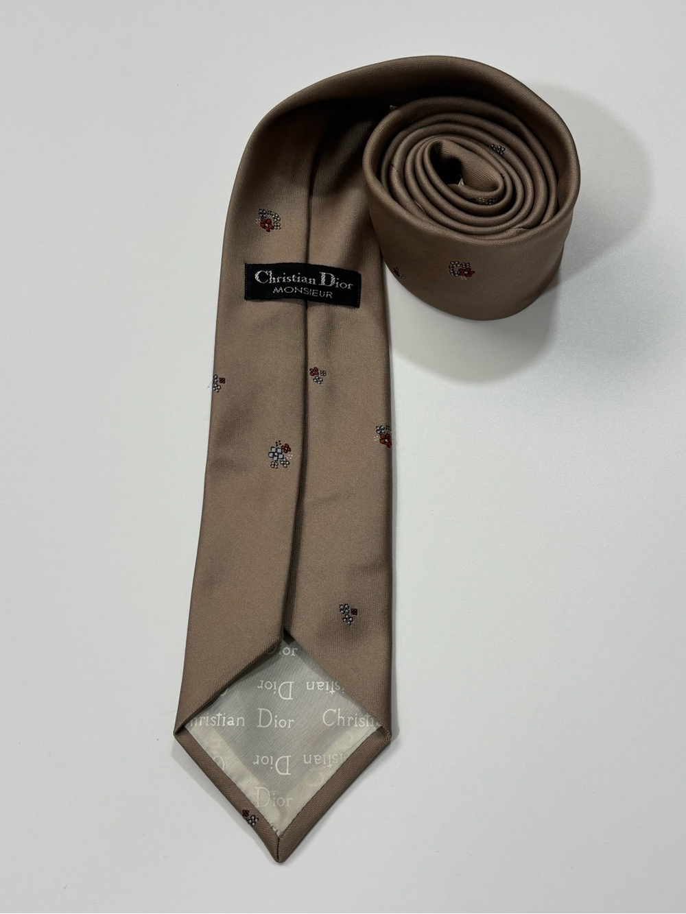 Vintage Christian Dior Monsieur Taupe Tie Micro Floral Motif Made in Canada